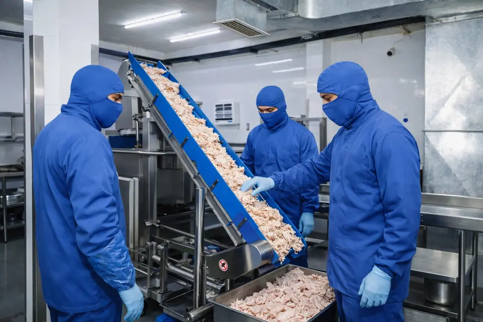 Sliced chicken on an inclined conveyor