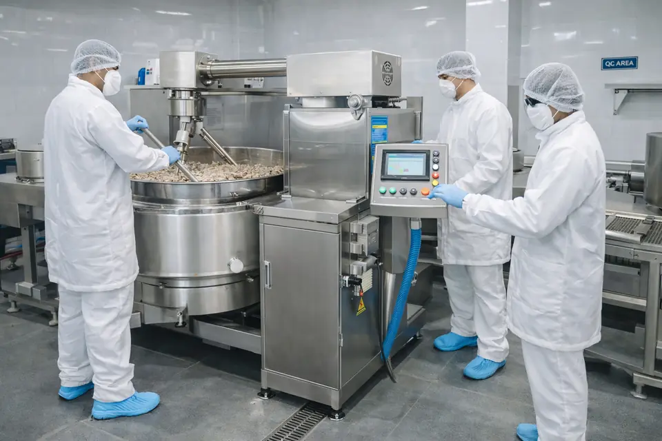 Team at an automated cooking kettle