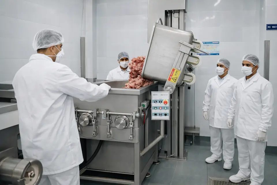 Mince tipped into a batch mixer